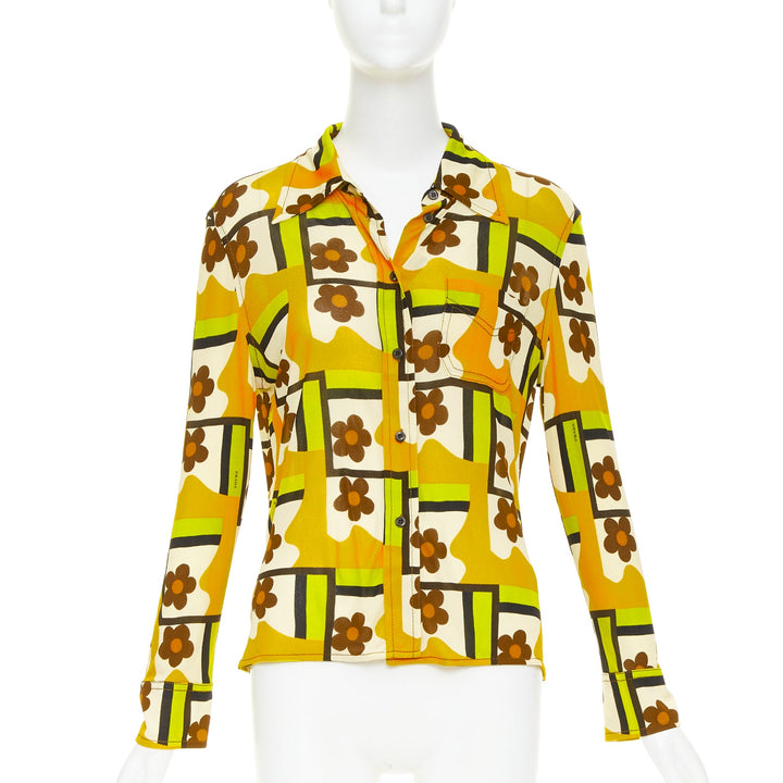 PRADA 2017 Runway green orange Mod graphic floral print viscose shirt IT40 S