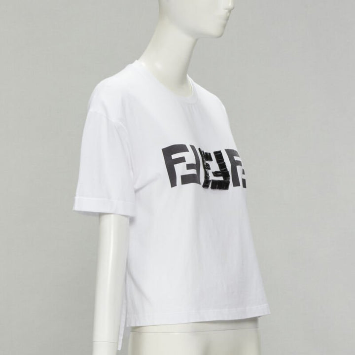 FENDI ROMA black bead embellished FF Zucca logo white tshirt S