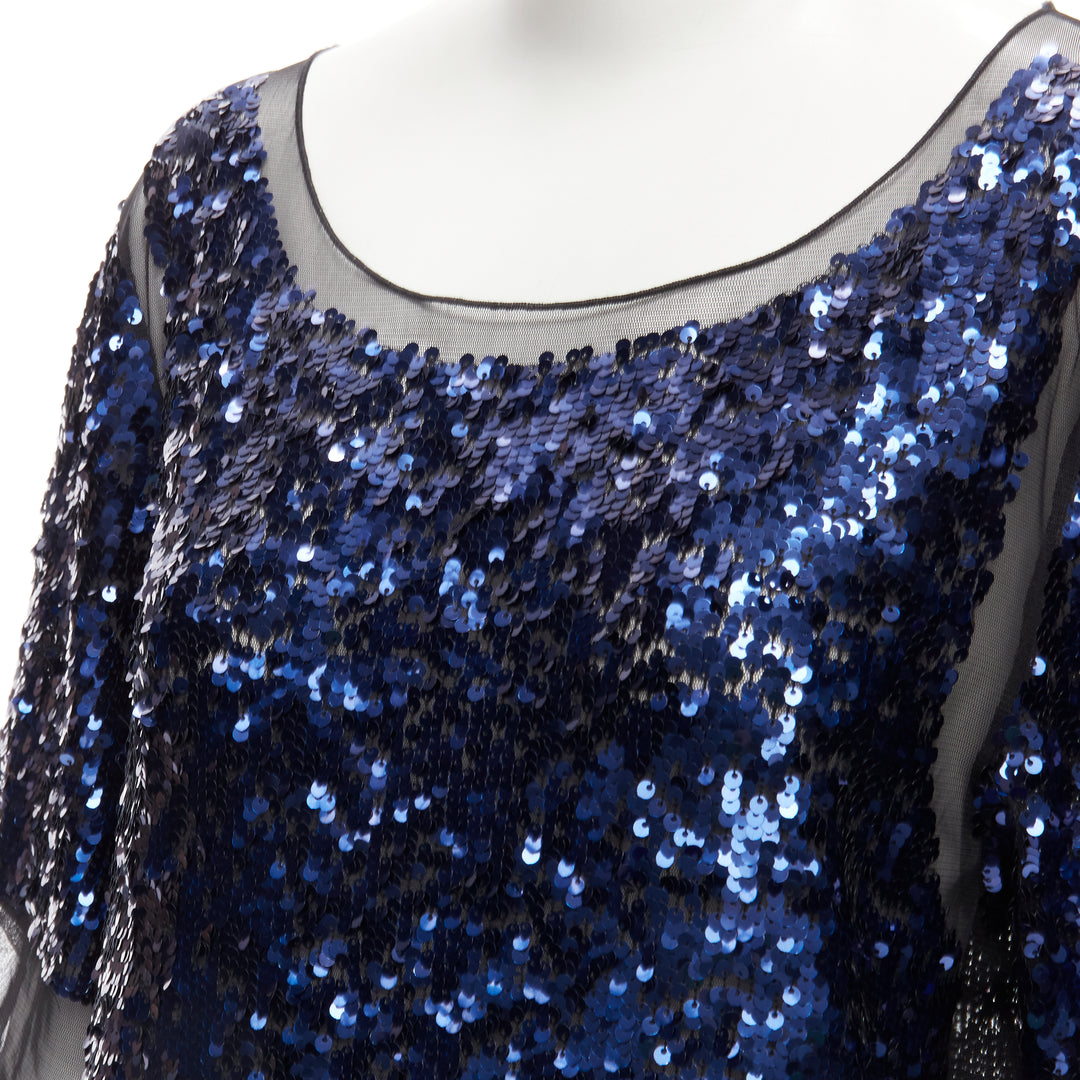 BY MALENE BIRGER blue sequins overlay black sheer evening gown dress M