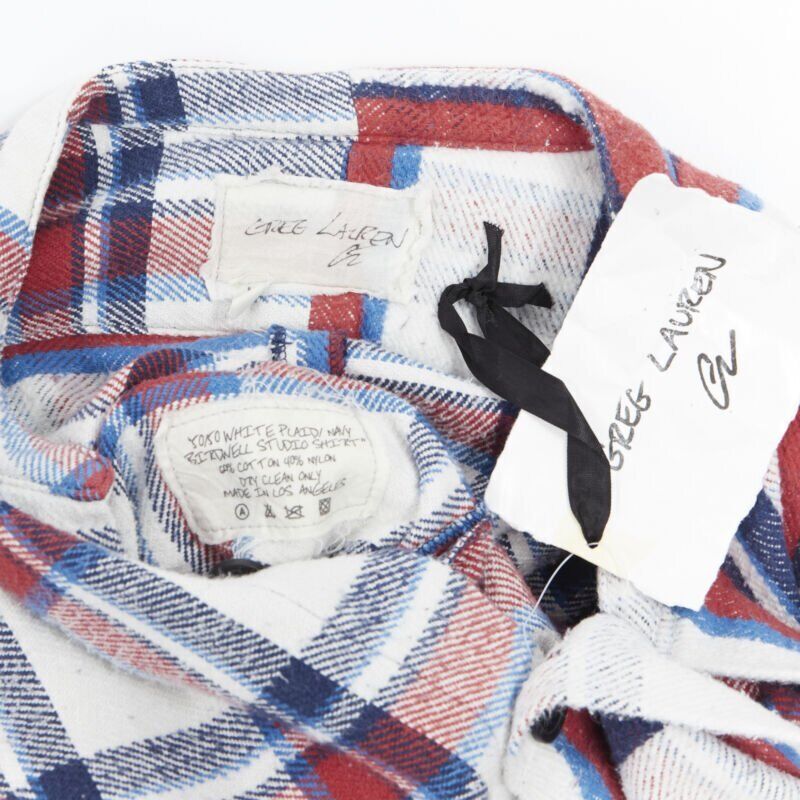 GREG LAUREN 50/50 White Plaid Navy Birdwell Studio Shirt deconstructed top S