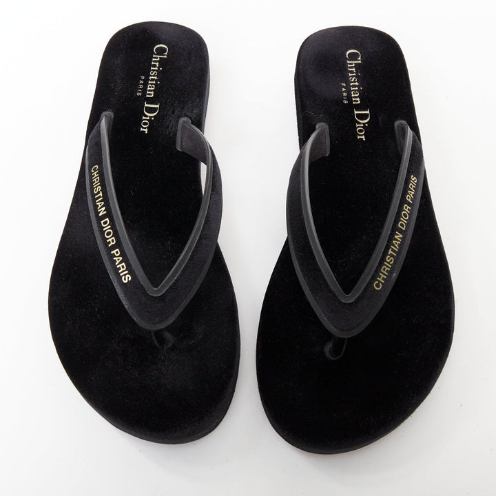 CHRISTIAN DIOR 2023 Diorsea black velvet gold letter platform thong sandals EU37