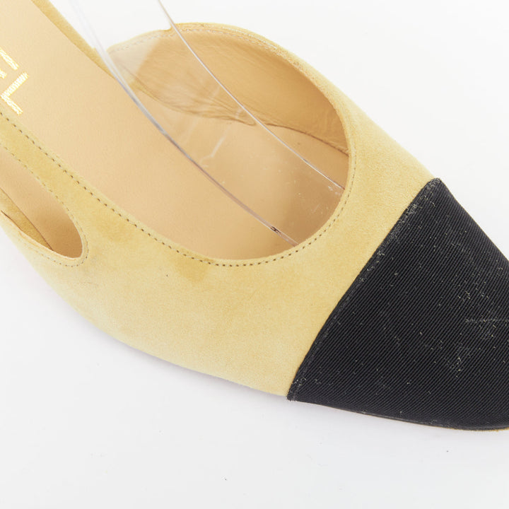 CHANEL Runway beige suede black grosgrain cap toe slip on slingback pumps EU38