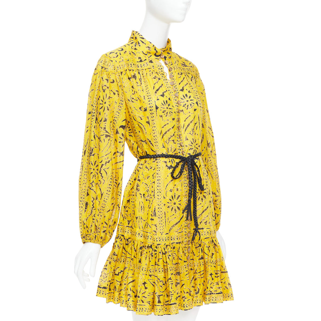 ZIMMERMANN Lulu yellow cotton ethnic print belted tiered mini dress US2 XXS