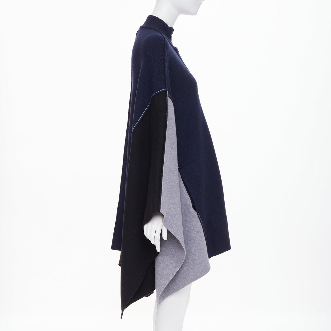CHLOE 2019 navy black grey colorblock visible stitch zip up knit wool poncho M