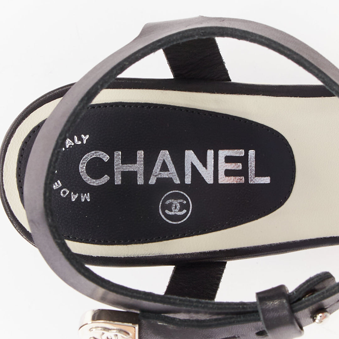 CHANEL 2012 black cream bicolor calfskin silver CC wedge platform heels EU37.5