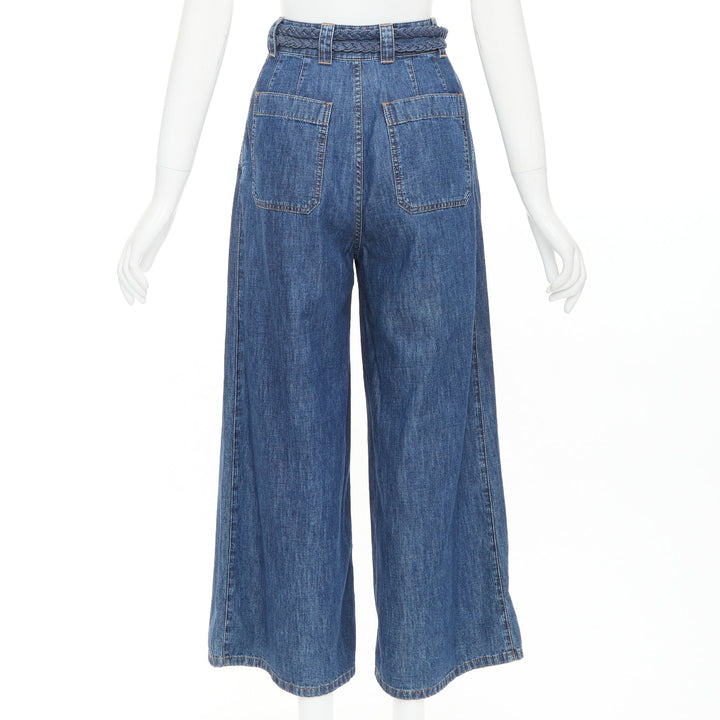 CHRISTIAN DIOR blue washed cotton braided wrap tie belt wide jeans FR34 XS