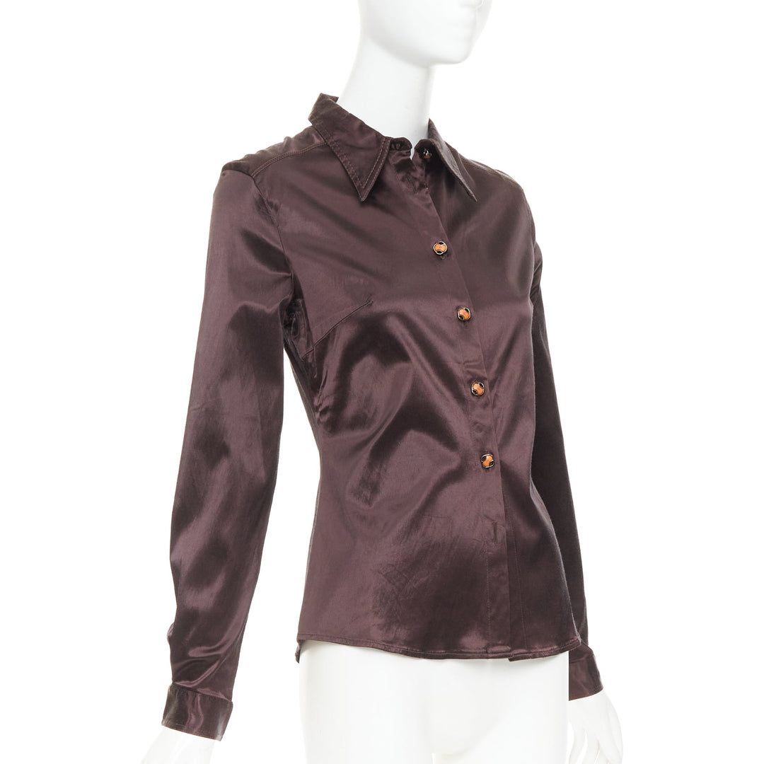 FENDI JEANS Vintage chocolate brown satin FF logo buttons fitted dress shirt