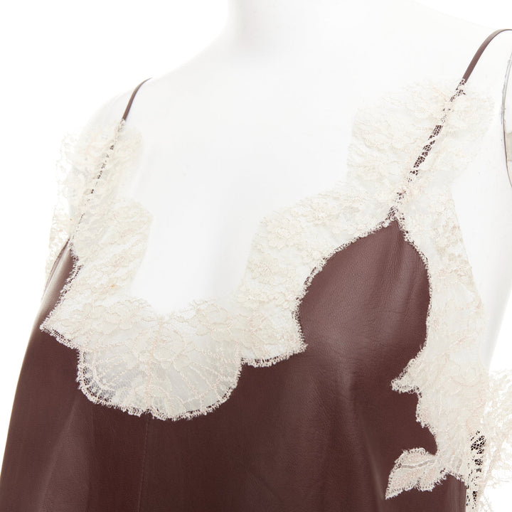 DIOR 2016 Raf Simons brown lambskin leather lace trim micro slip dress FR36 S