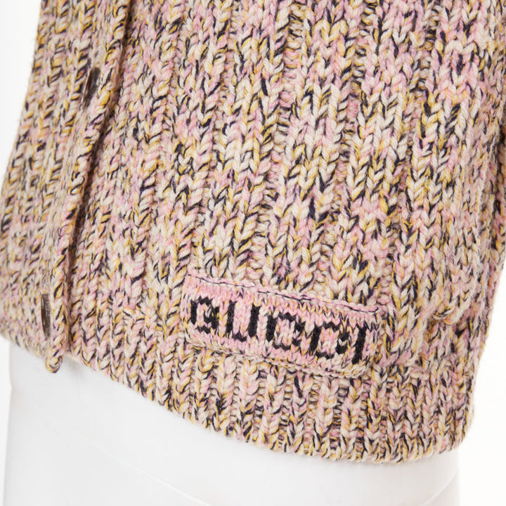 GUCCI 2023 pink beige melange cable wool knit logo patch cardigan sweater XS
