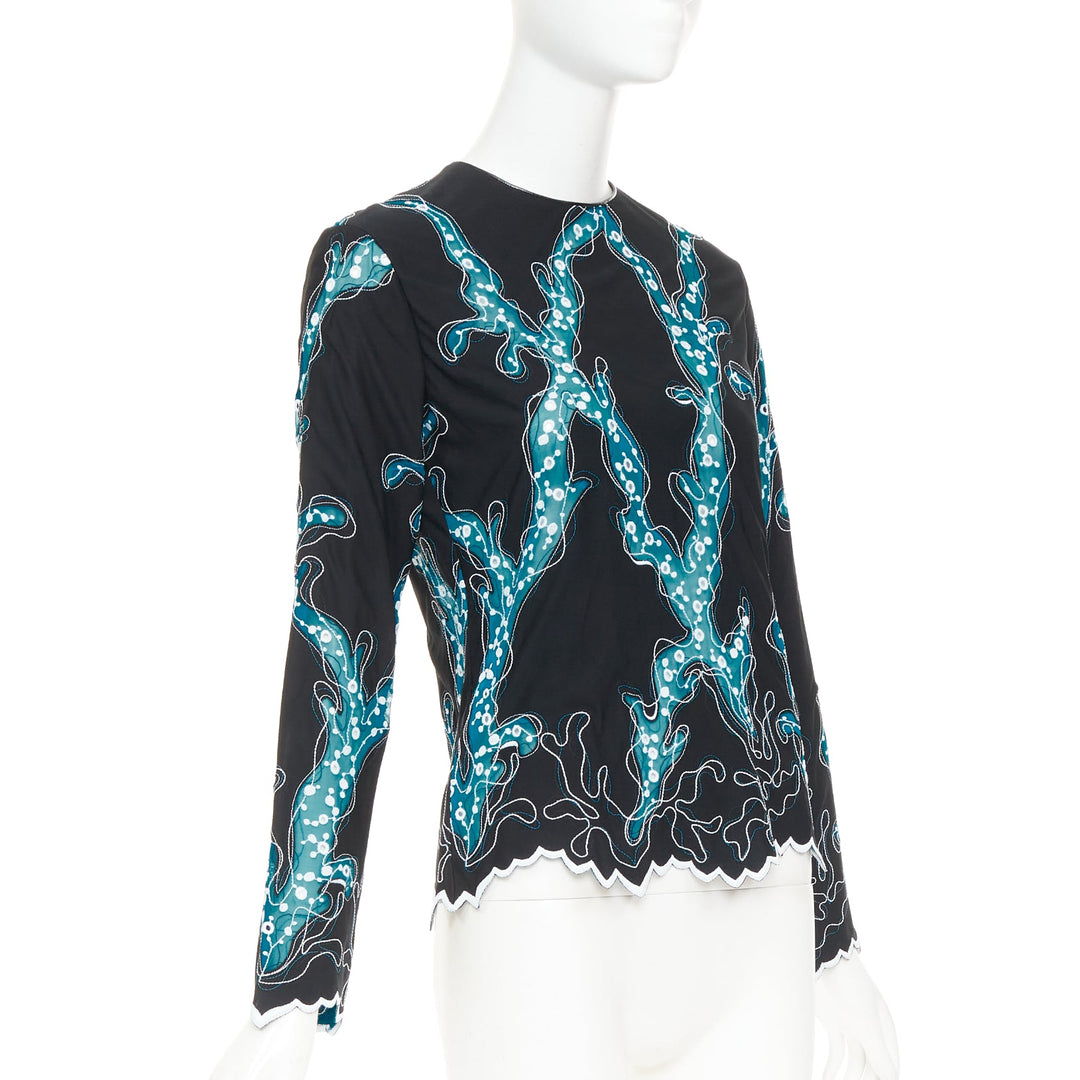 LOUIS VUITTON 2015 Runway black blue embroidered anglais scallop hem top FR38 M
