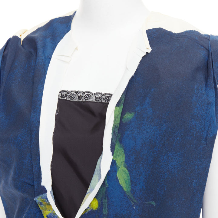 PRADA 202 Runway navy blue yellow paper viscose crinkled floral dress IT38 XS