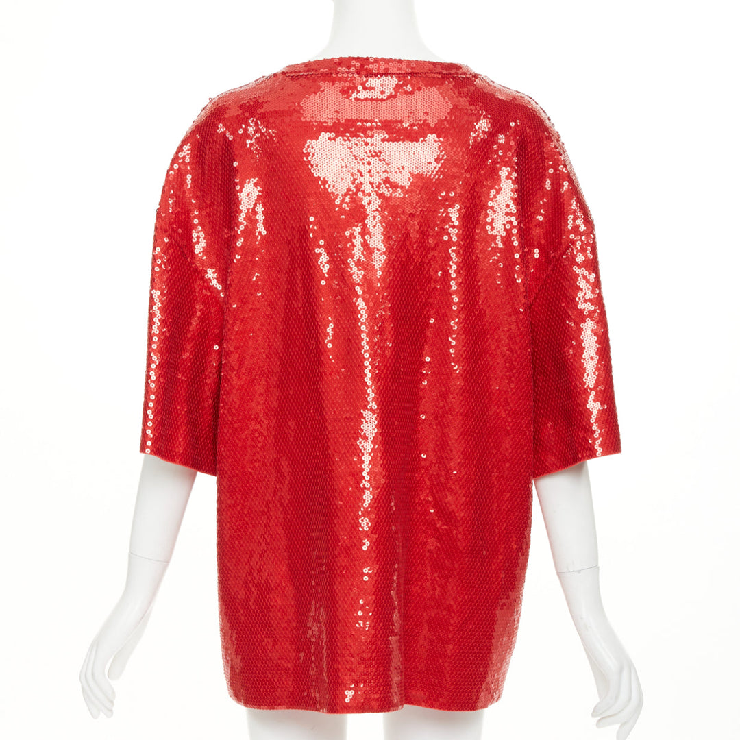 CELINE 2021 Runway red white sequin varsity logo oversized jersey tshirt S