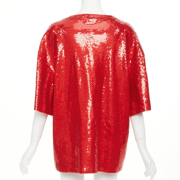 CELINE 2021 Runway red white sequin varsity logo oversized jersey tshirt S
