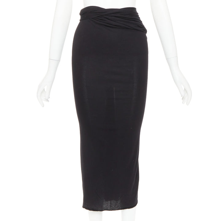 GIVENCHY black twist draped waist jersey high pencil midi skirt XS