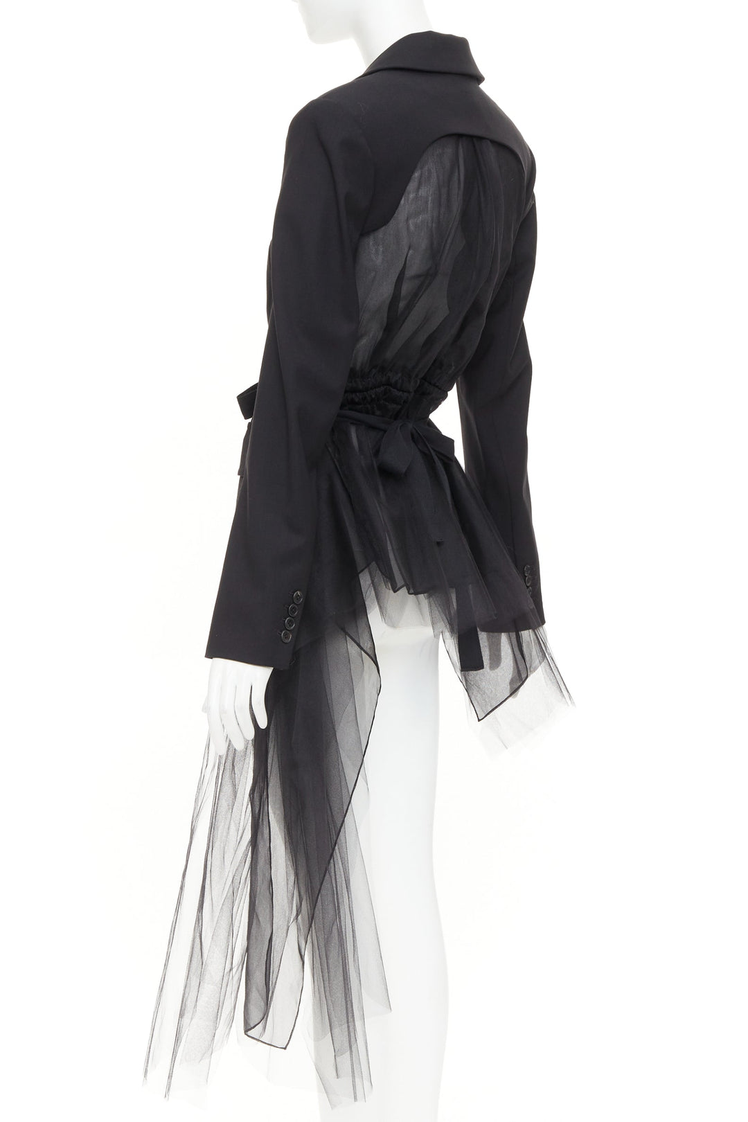 MONSE black virgin wool sheer tulle asymmetric back hybrid blazer jacket US0 XS