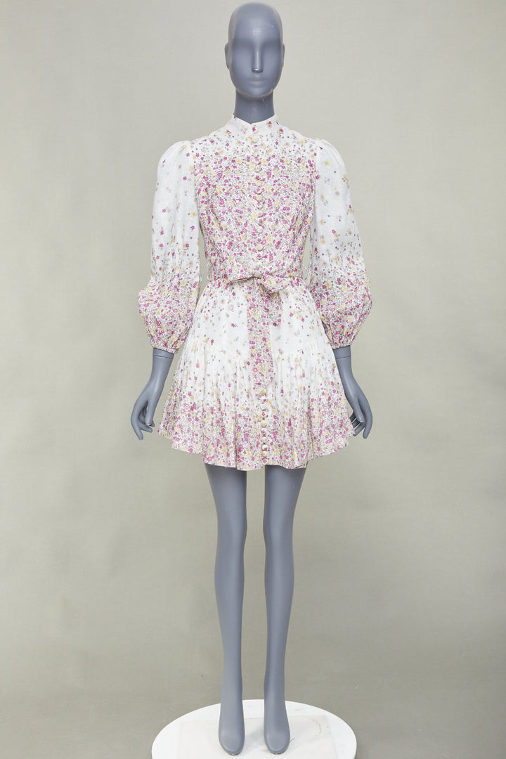ZIMMERMANN 2020 Carnaby micro flower print white pink linen mini dress Sz1 S
