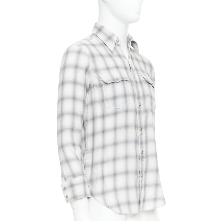 SAINT LAURENT 2016 grey cream checked resin snap buttons shirt M