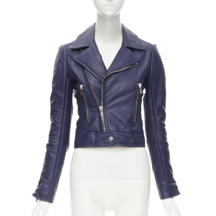 BALENCIAGA 2014 dark blue lambskin leather cropped fit biker jacket FR34 XS