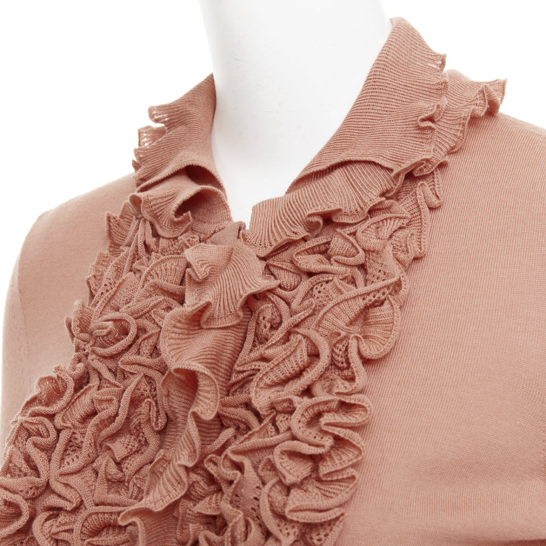 YVES SAINT LAURENT Rive Gauche beige wool ruffle tier cuff knit cardigan XS