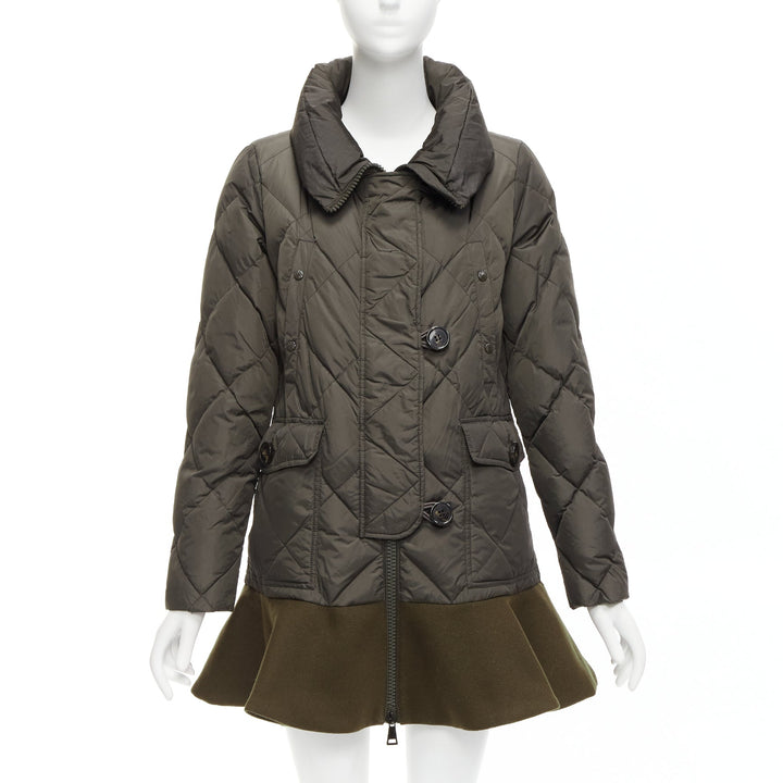 MONCLER Norme Afnor khaki quilted virgin wool blend frill hem coat Sz1 M