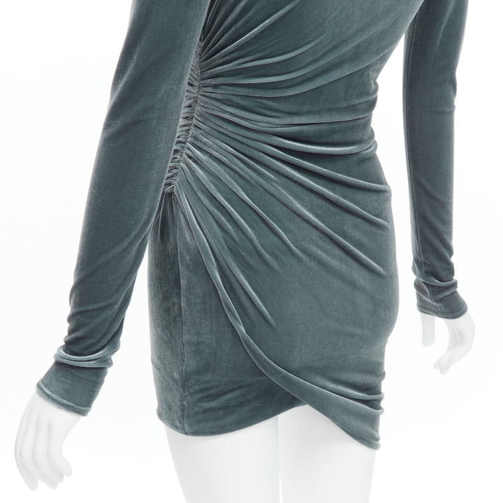 ALEXANDRE VAUTHIER grey wrap draped velvet V neck mini bodycon dress FR34 XS