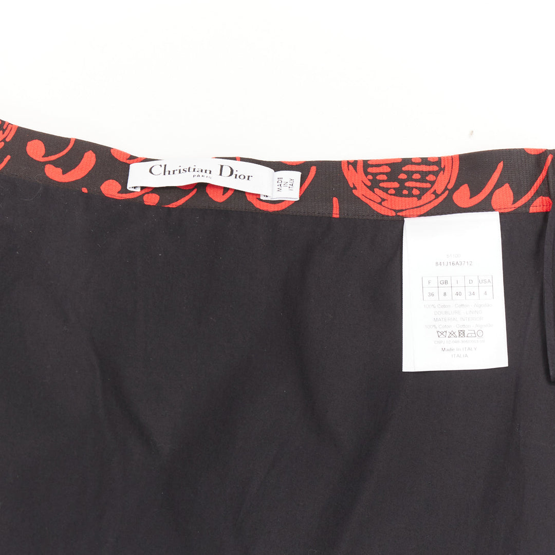 DIOR Diorarmour black red cotton playing cards print wrap midi skirt FR36 S