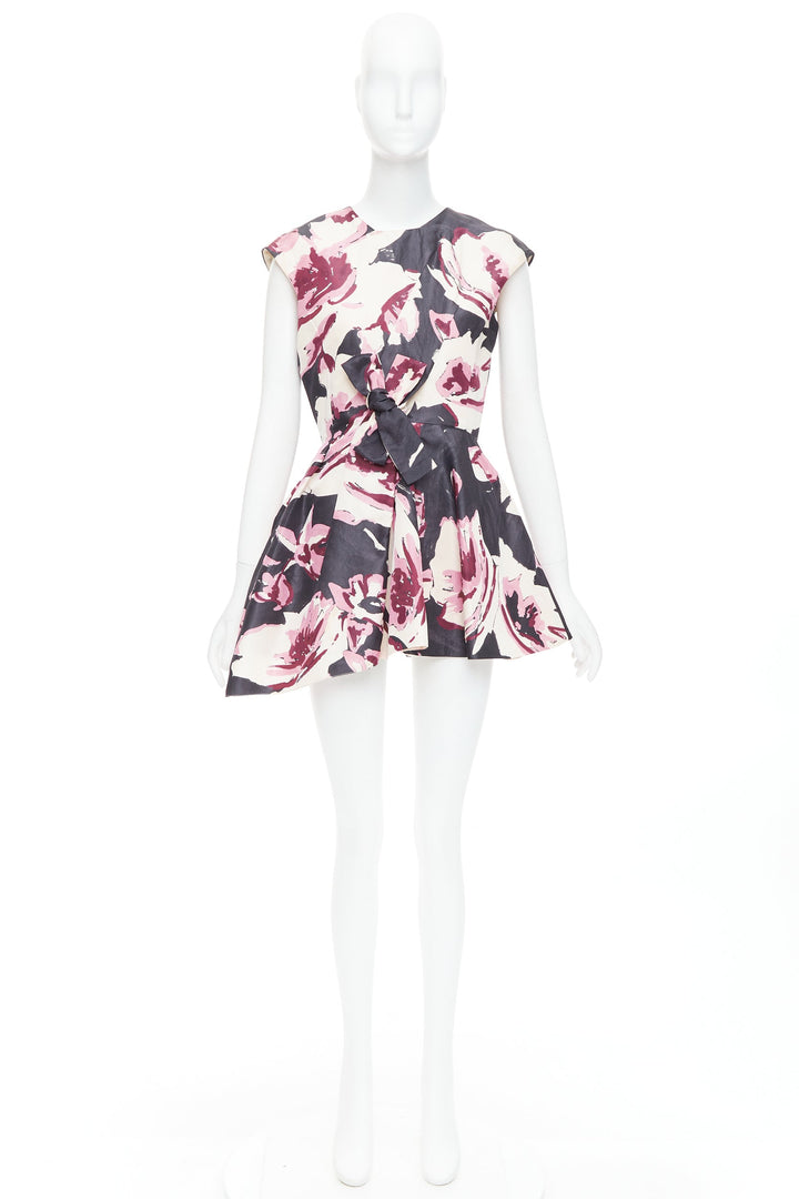 CHRISTIAN DIOR pink cream 100% silk abstract floral print tie waist dress FR38 M