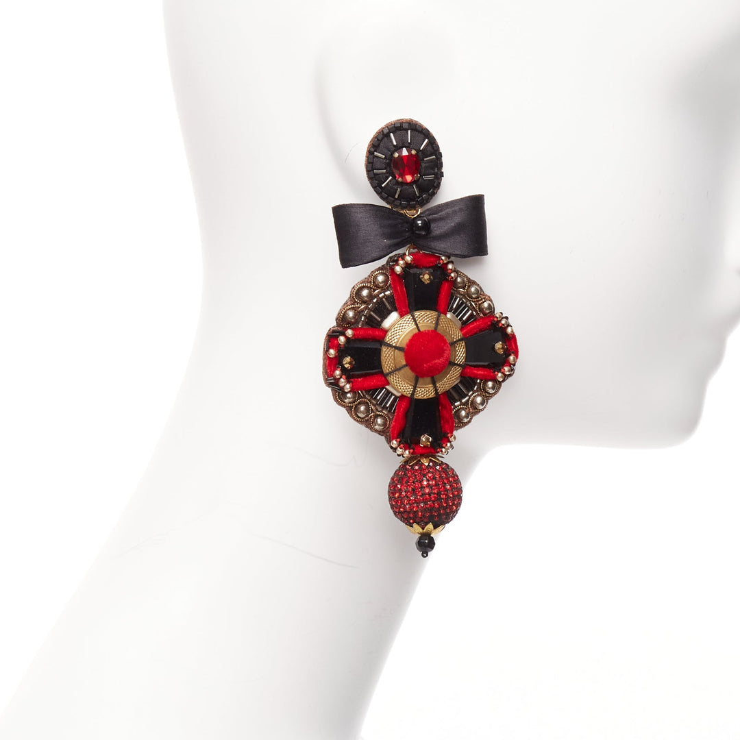 RANJANA KHAN red black ethnic bow crystal ball dangling clip on earrings