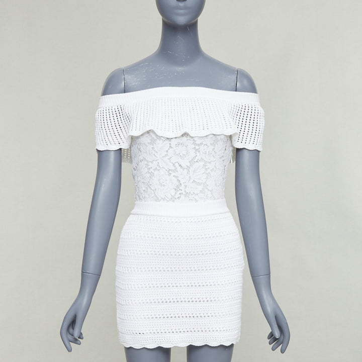 VALENTINO white cotton multi knit lace off shoulder silk lined playsuit XS