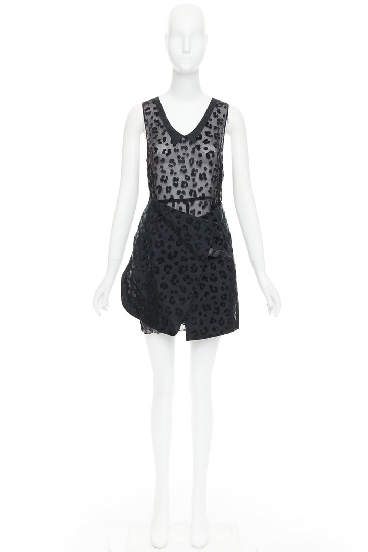 TOGA ARCHIVES black viscose silk sheer leopard flocking cow belted dress JP1 S