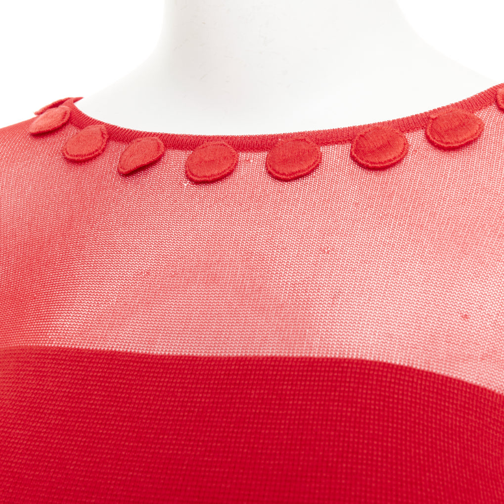 OSCAR DE LA RENTA 2019 red wool silk sheer tulle mesh yoke pom pom button top