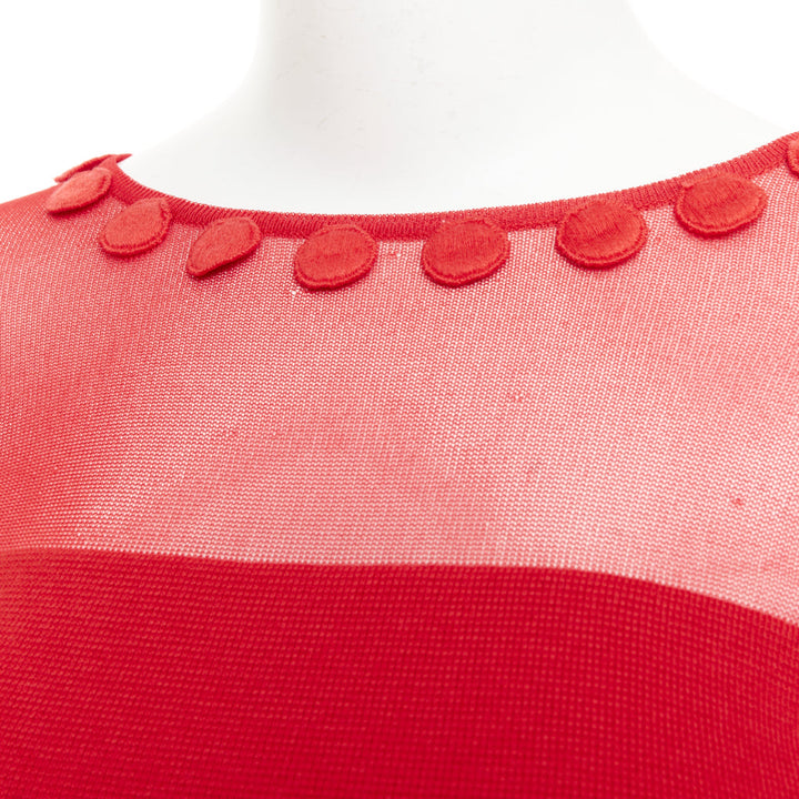 OSCAR DE LA RENTA 2019 red wool silk sheer tulle mesh yoke pom pom button top
