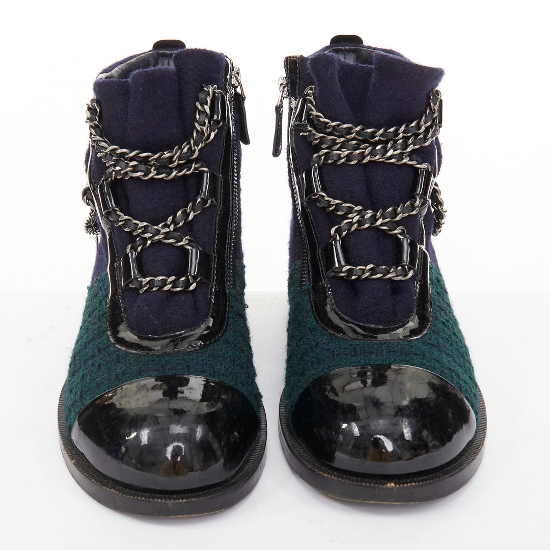 CHANEL 2015 Runway Paris Salzburg blue wool green tweed patent leather boot EU39
