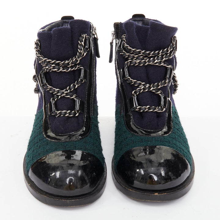 CHANEL 2015 Runway Paris Salzburg blue wool green tweed patent leather boot EU39