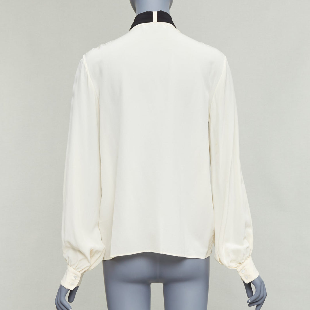 LANVIN cream 100% silk black contrast tie neck peasant blouse FR34 XS