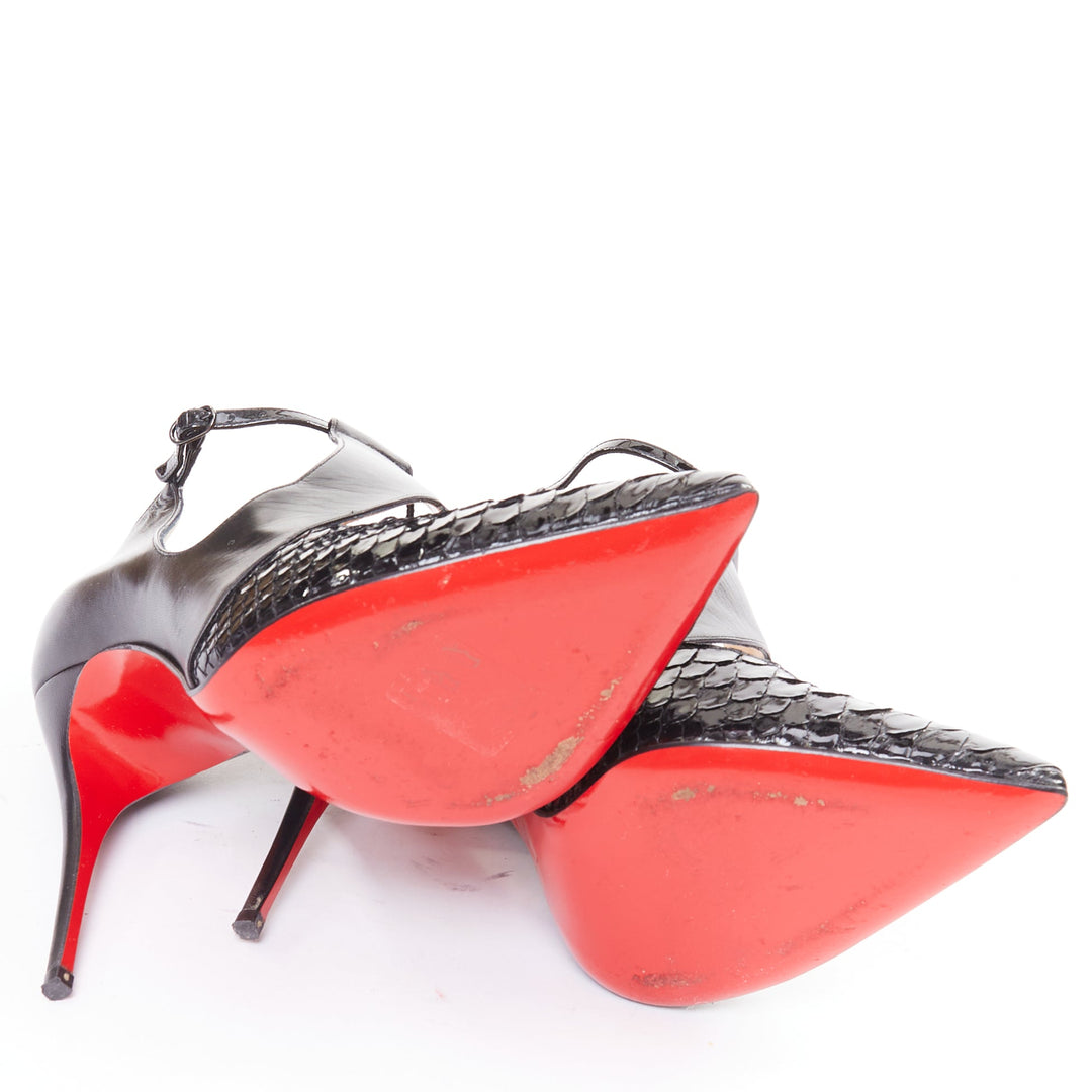 CHRISTIAN LOUBOUTIN Dictata 100 black polished scaled toe T-strap pumps EU37.5