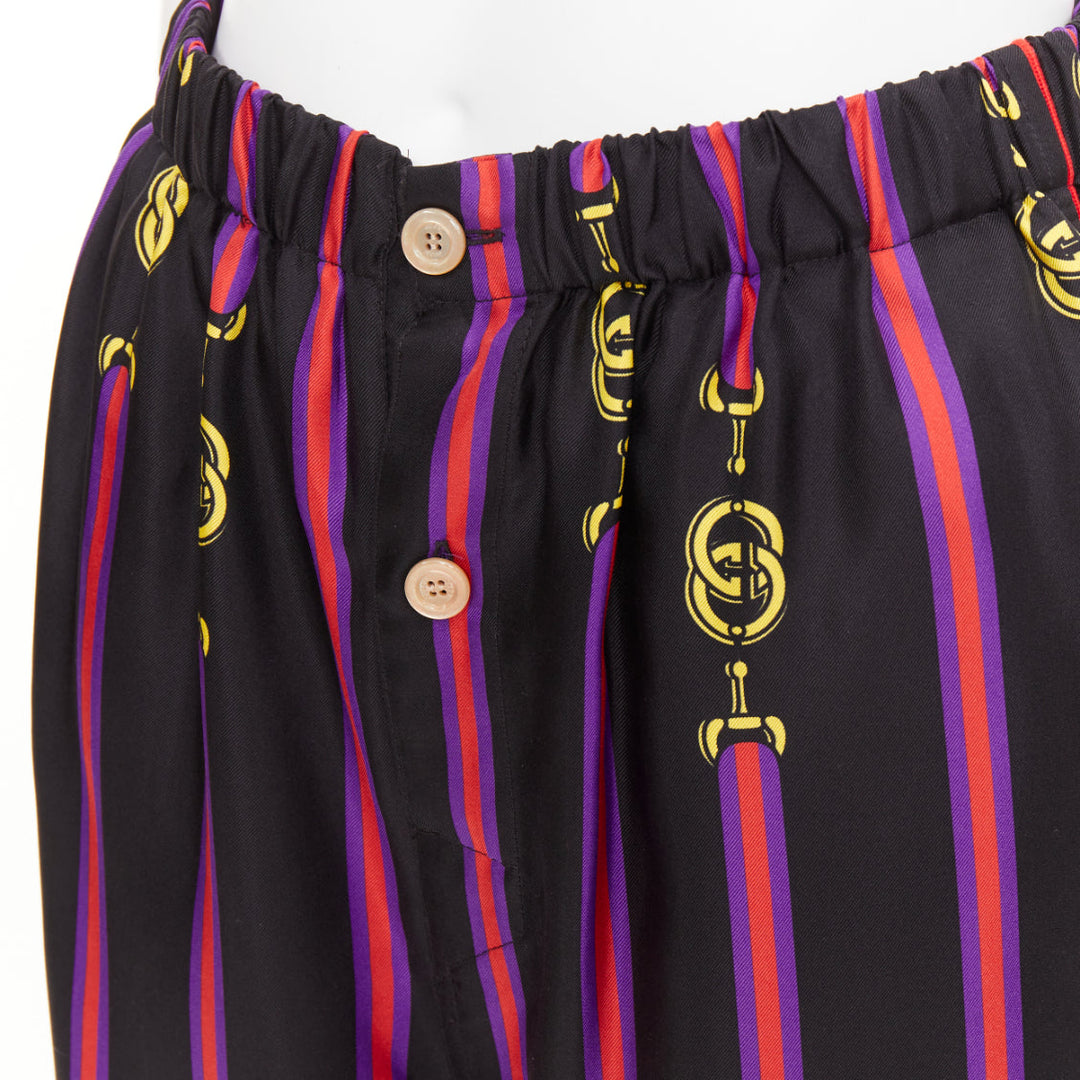 GUCCI Garden 100% silk black purple yellow equestrian GG buckle pajama pants XS