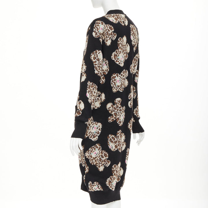 MOSCHINO Leopard Teddy black brown virgin wool knit long cardigan IT38 XS