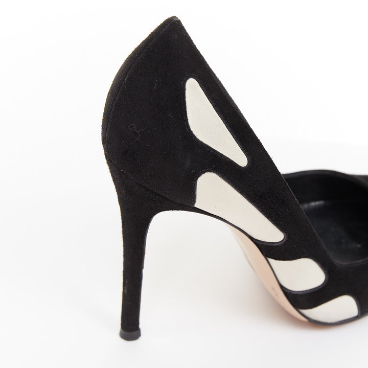 GIANVITO ROSSI black suede white leather wavy cutout stiletto pumps EU37.5