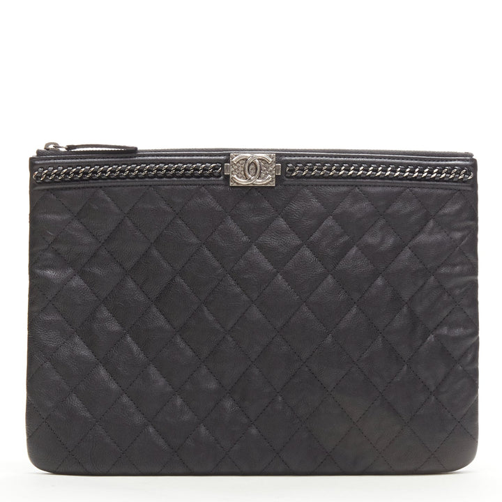 CHANEL Large Boy O Case black quilted leather chain trim flat pouch clutch bag
