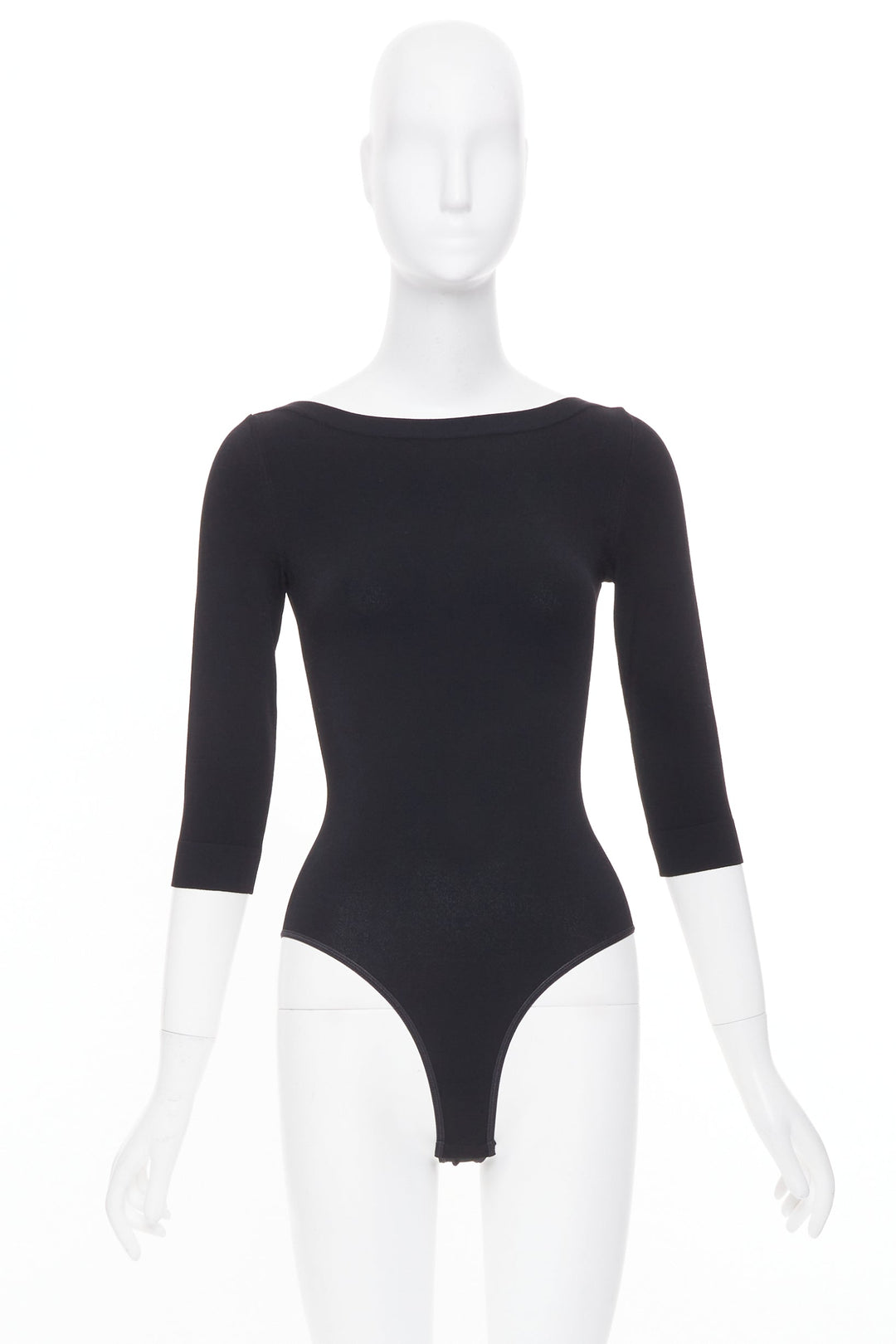 ALAIA black viscose blend three quarter sleeve boatneck knit bodysuit top FR36 S