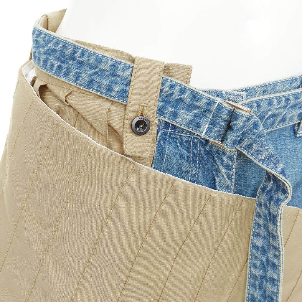 SACAI 2019 Runway beige kilt pleated cotton deconstructed denim shorts JP2 M