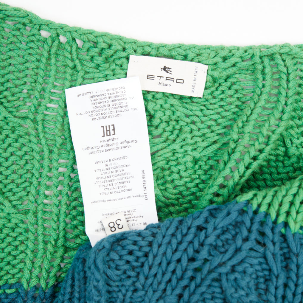 ETRO 2023 bicolor green teal cotton cashmere mixed cable knit cardigan IT38 XXS