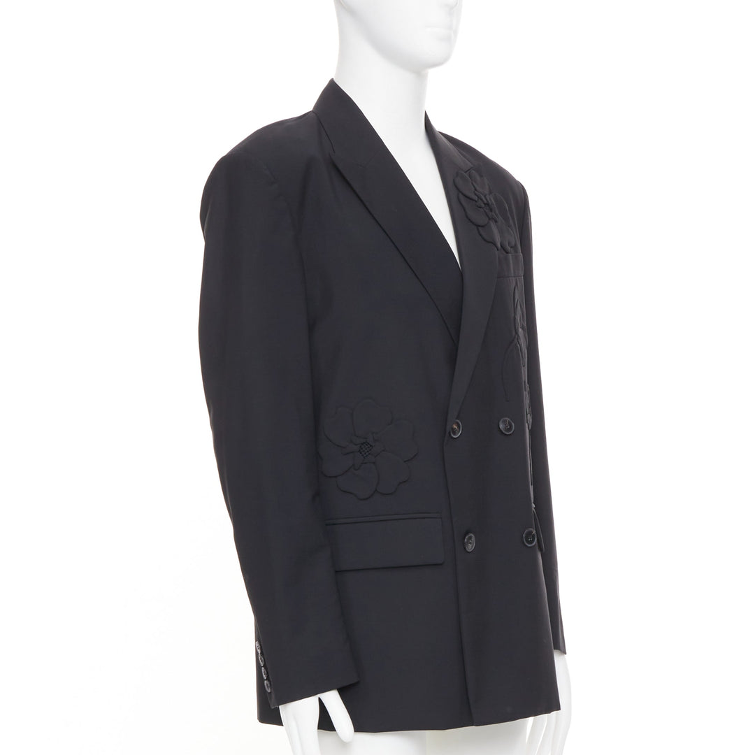 VALENTINO black floral applique double breasted virgin wool blazer jacket IT46 S