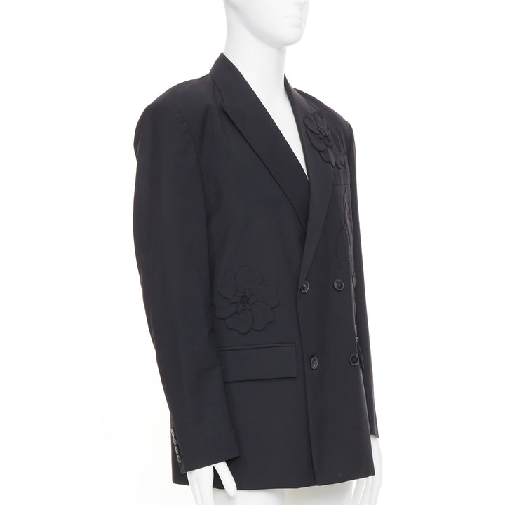 VALENTINO black floral applique double breasted virgin wool blazer jacket IT46 S