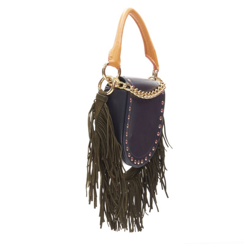 SACAI black leather gold studded fringe gold chain saddle bag