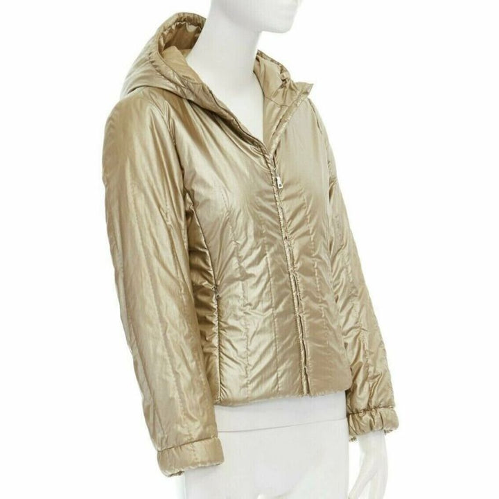 PRADA metallic gold nylon polyester padded hooded fitted winter jacket IT38 XS