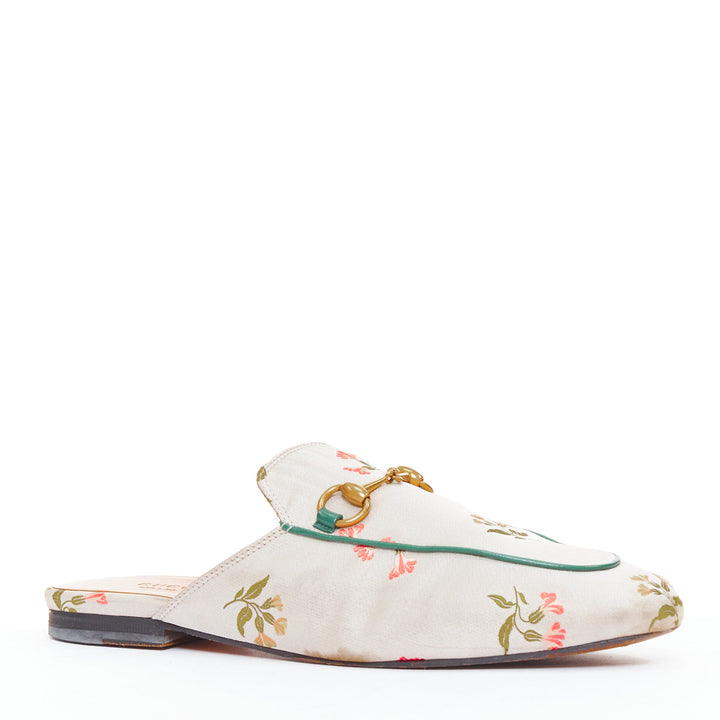 GUCCI Princetown grey floral jacquard gold horsebit mule loafer EU38