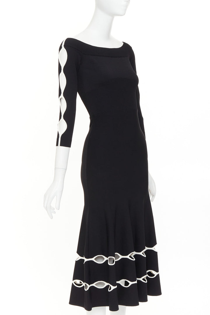 ALEXANDER MCQUEEN 2018 black knit white scalloped openwork bateau midi dress S