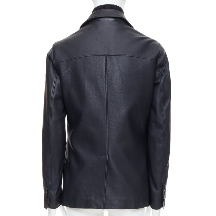 Male mannequin wearing Loro Piana Black Leather Men Leather Jacket in Size  S | Available at JHROP